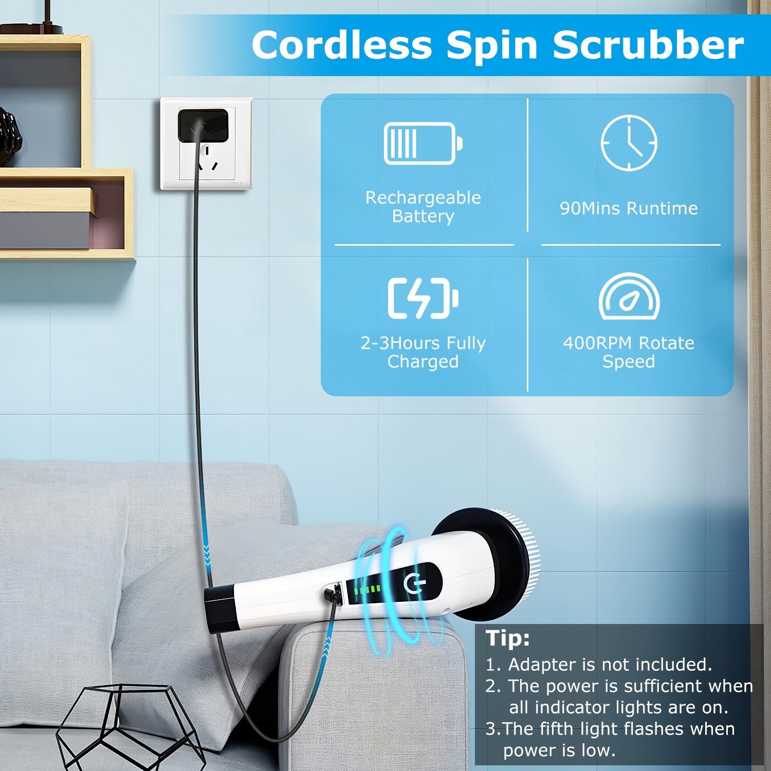 88dfa053-8eac-4568-8b3c-db44db5b19ed.jpg 1Pc Electric Spin Scrubber Cordless Rechargeable Telescopic Cleaning Brush 8 Replaceable Heads 2 Speed Adjustable Extension Arm Bathroom Tub Tile Floor - Image 6
