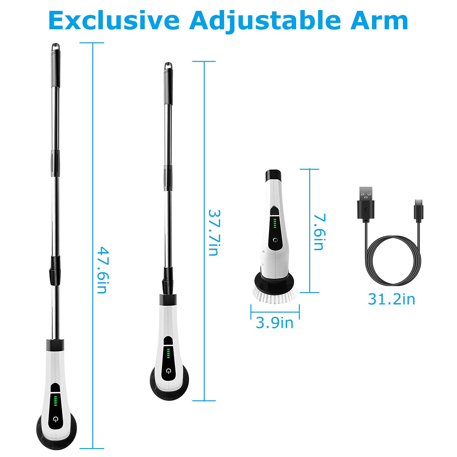 e2e5ec5e-f610-4f0c-a8a7-666c57b736a5.jpg 1Pc Electric Spin Scrubber Cordless Rechargeable Telescopic Cleaning Brush 8 Replaceable Heads 2 Speed Adjustable Extension Arm Bathroom Tub Tile Floor - Image 7