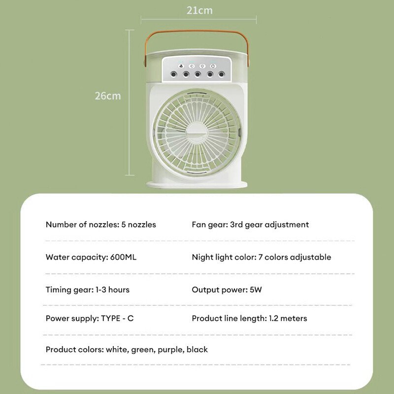 fcf7e7f2-c2a8-4e04-aa5d-6b719bb42fcf.jpg Portable USB Air Conditioner Cooling Fan With 5 Sprays 7 Color Light 600ML Water Tank Spray Mist Air Cooler Humidifiers - Image 7